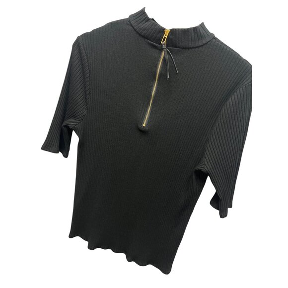 Chico's Black Label Black Ribbed Short Sleeve Gold Back Zipper Mock Neck Top - Picture 1 of 7